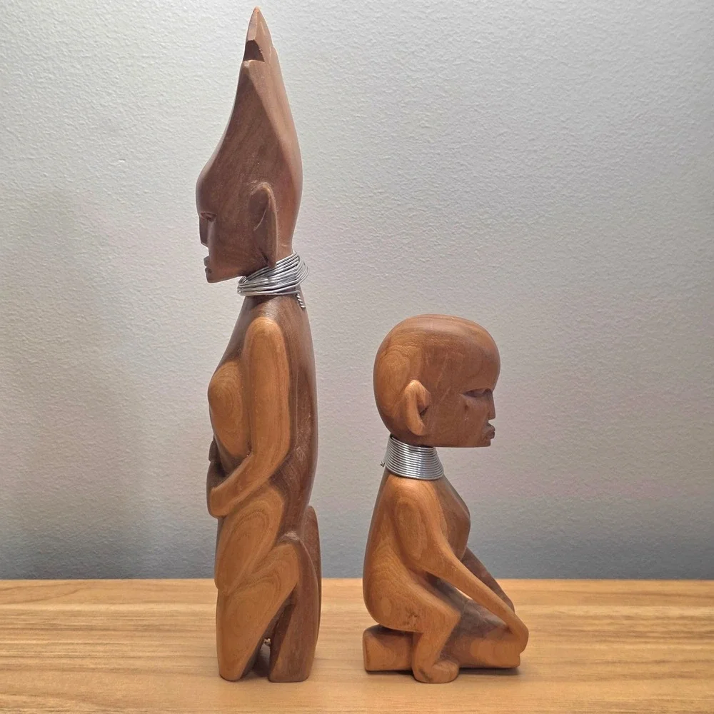Two Hand Carved Wood Figures‎ African Tribal Statue Set